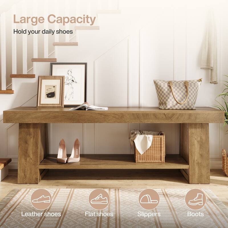 63" Wooden Entryway Bench with Storage Shelf, Extra Long Bench, Hallway Bench for Living Room, Bedroom, Kitchen