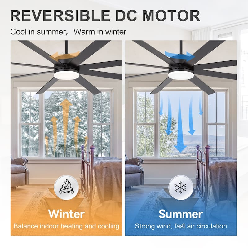 Large 72" Reversible 8-Blade Integrated Ceiling Fan with LED Light Kit and Remote