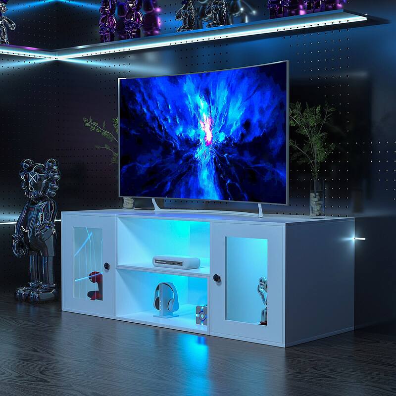 VECELO TV Stand with LED Lights & Power Outlets, Storage Shelves - 55 inches