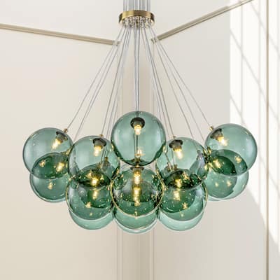19-Light Modern Glam Cluster, Green Glass Globe Bubble Chandelier for Dining Room and Living Room