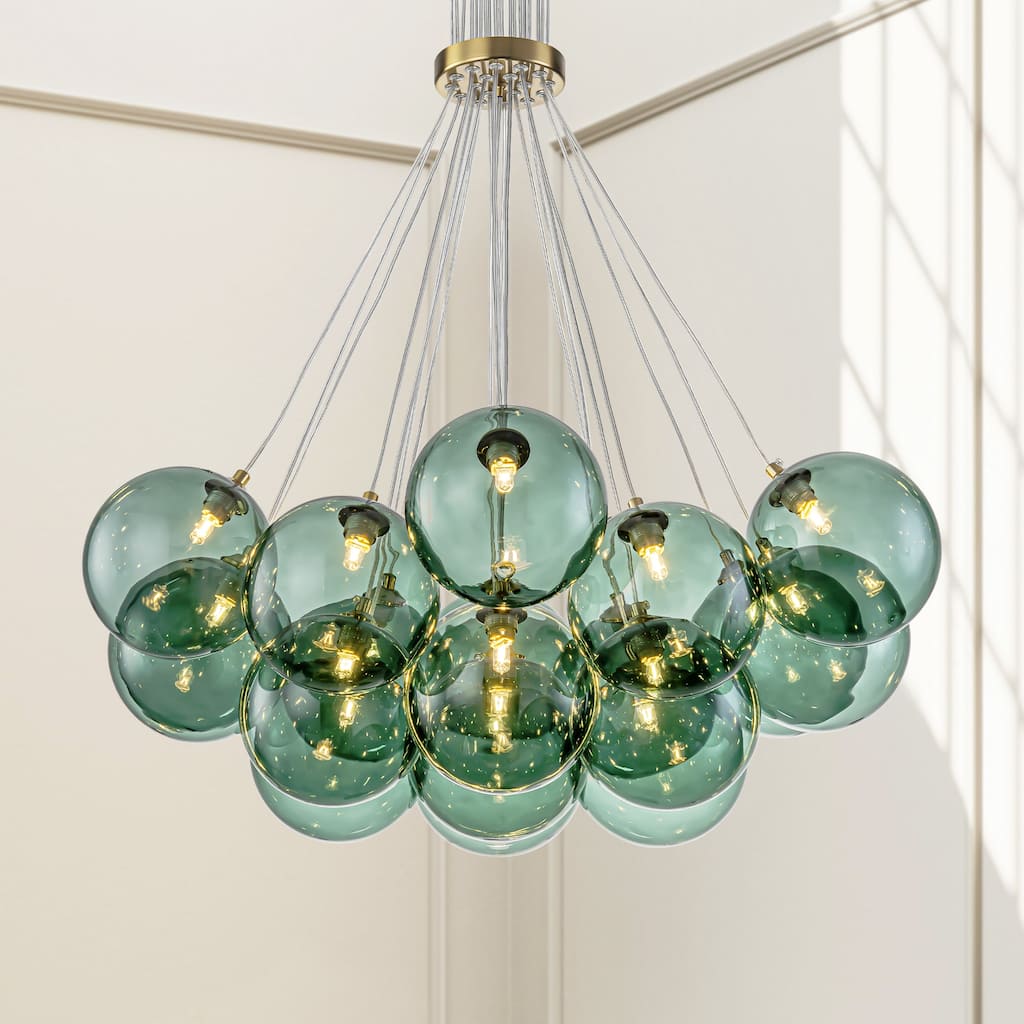 19-Light Modern Glam Cluster Green Glass Globe Bubble Chandelier for Dining Room and Living Room