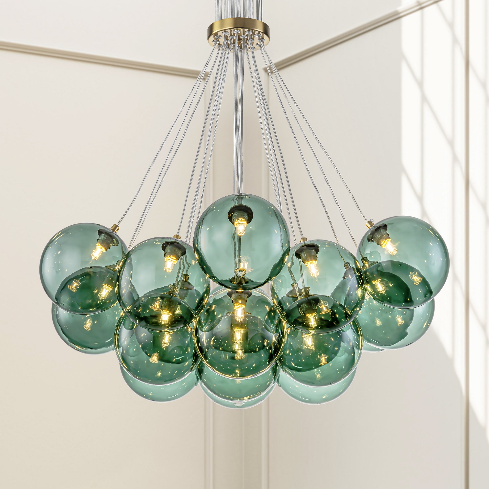 Rennnsan 19-Light Modern Glam Cluster Green Glass Globe Bubble Chandelier for Dining Room and Living Room