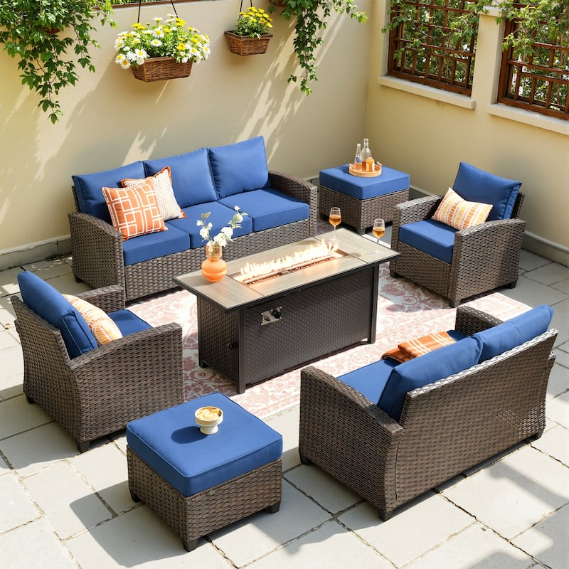 XIZZI 7-Piece Outdoor Wicker Conversation Set - Navy Blue
