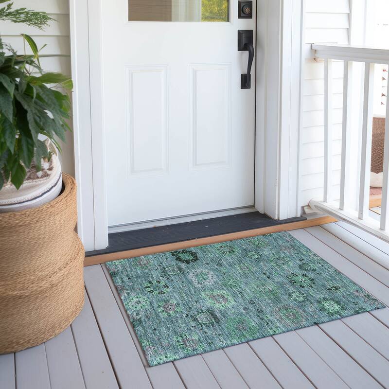 Machine Washable Indoor/ Outdoor Vintage Traditional Chantille Rug - Teal - 1'8" x 2'6"