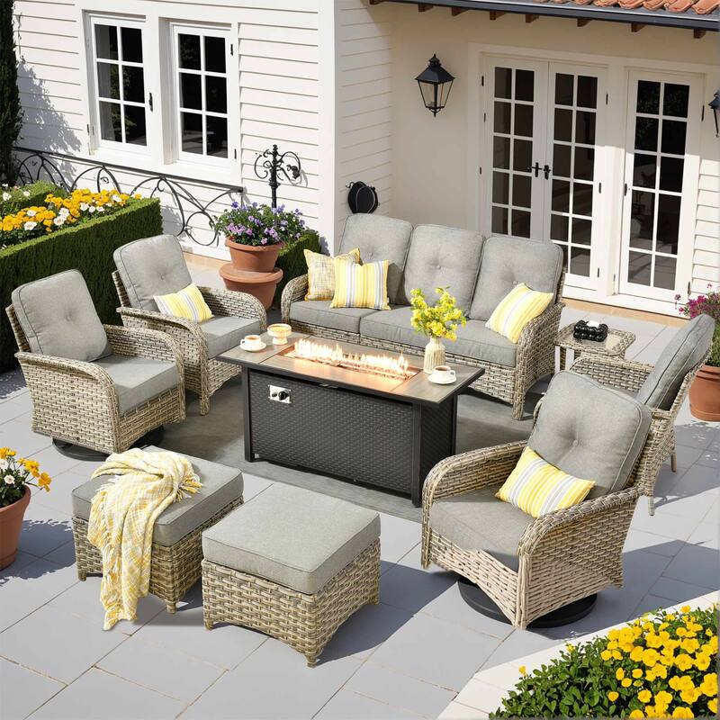 HOOOWOOO 9-piece Outdoor Wicker Patio Furniture Swivel Rocking Chair Set with Fire Pit - Dark Grey