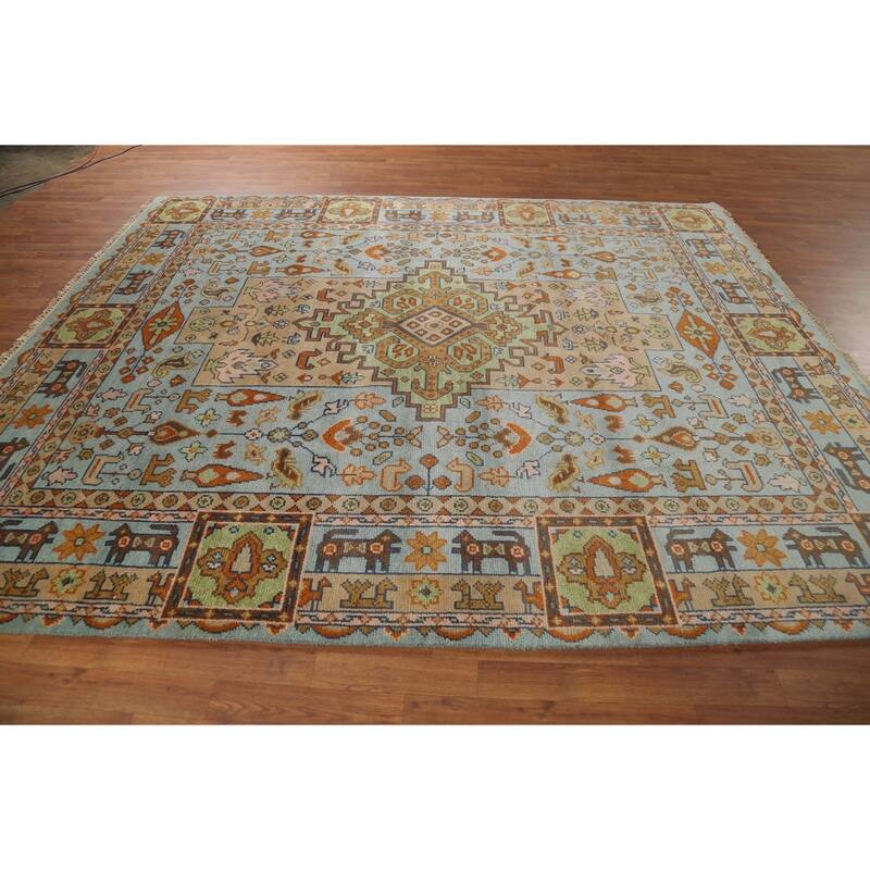 Light Blue Tribal Kazak Oriental Area Rug Handmade Wool Carpet - 8'3"x 9'11"