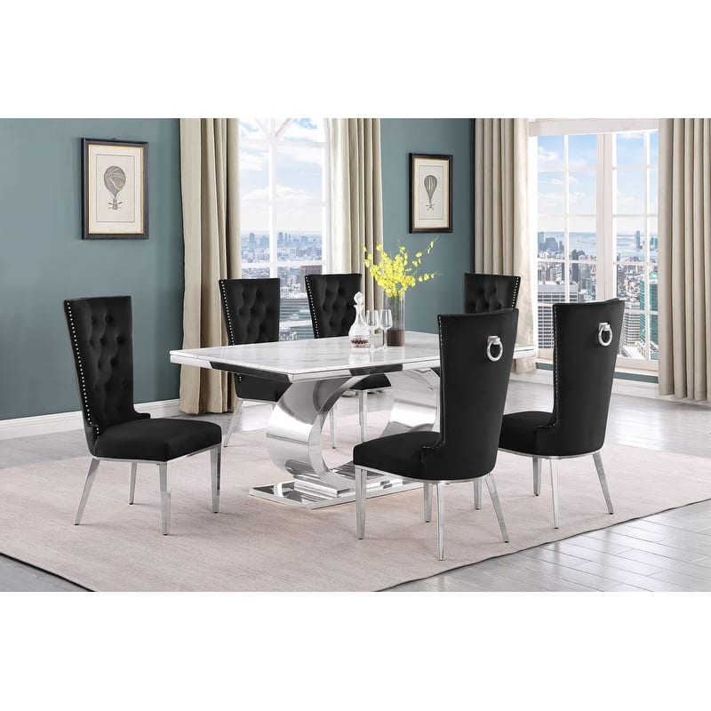 Best Quality Furniture D430/1-SC330-7 Dining Set with 68" White Marble Top - 7-Piece - Black / Silver