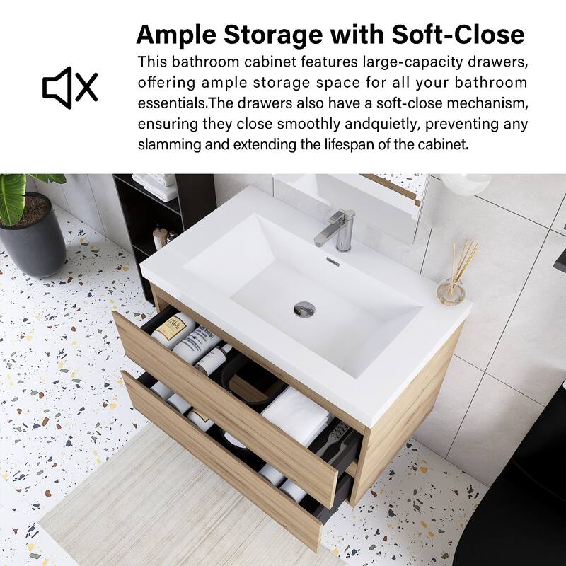 Angela Wall Mounted Bathroom Vanity in F. Oak with White Cultured Marble Top