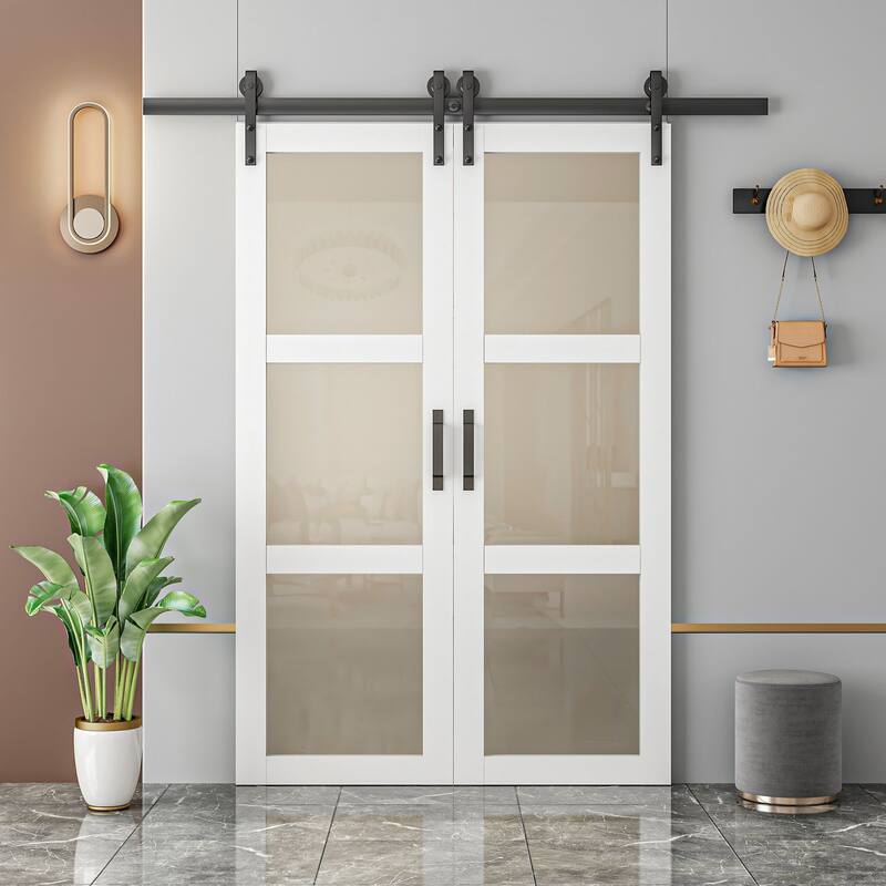 84''H Double 3 Lite Tempered Frosted Glass French Interior Door Wide Opening By-Pass Sliding Barn Door With Hardware Kit - 36X84