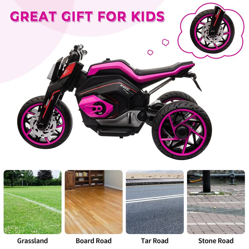 12V Kids' Ride-On Motorcycle with LED Lights, 3 Wheels, and Horn - Ages 3-8