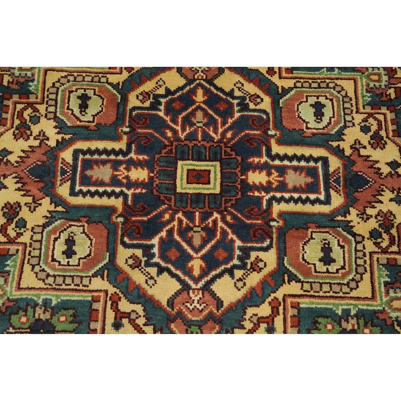 Hand Knotted Oriental 100% Wool Carpet Traditional Medallion Navy Blue & Blues Heriz (serapi) Area Rug - 9' 10'' X 7' 11''