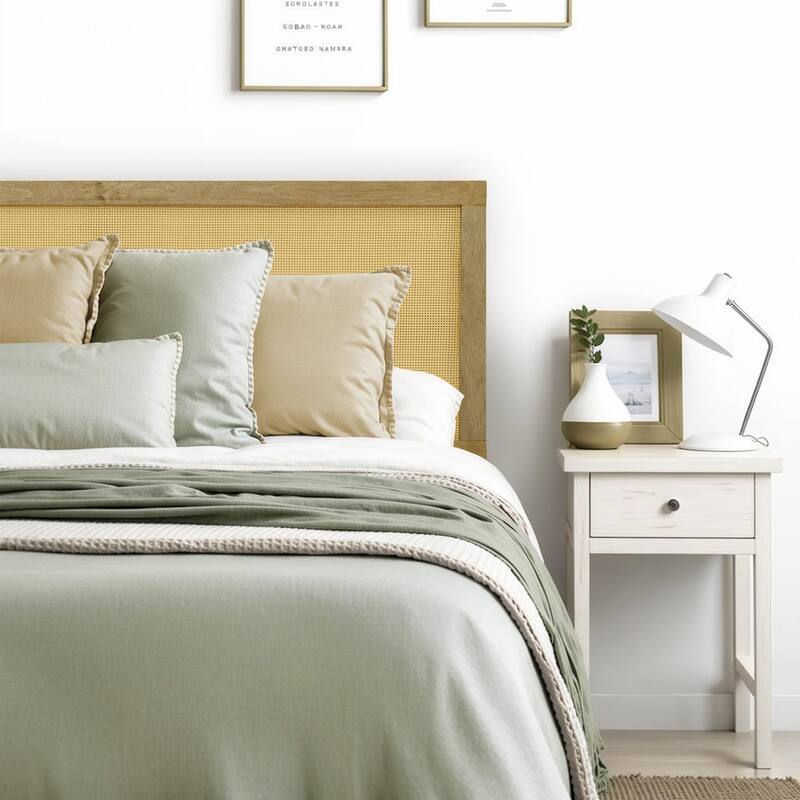 Natural Finish Rubberwood with Rattan Panel Headboard, King or Queen (Headboard Only)