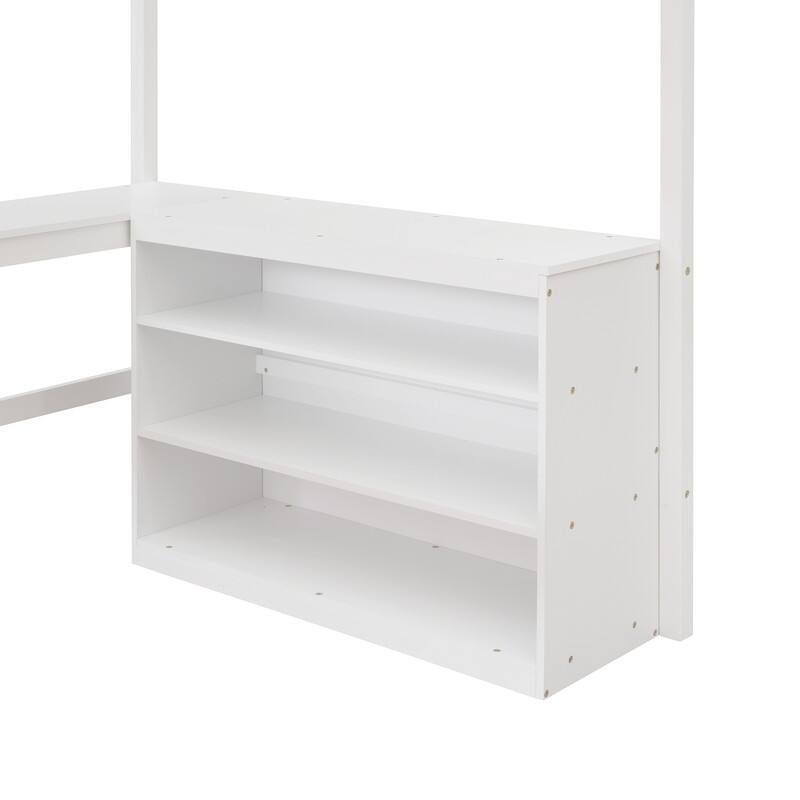 Full Size Loft Bed with Shelves and Desk, Wooden Full Loft Bed Frame with Desk