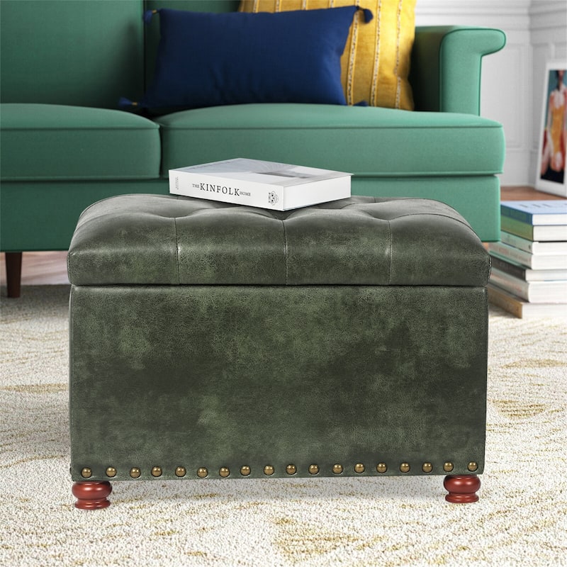 Adeco Classy Rectangle Storage Bench Natural Fabric Footstool Ottoman - Green - Medium