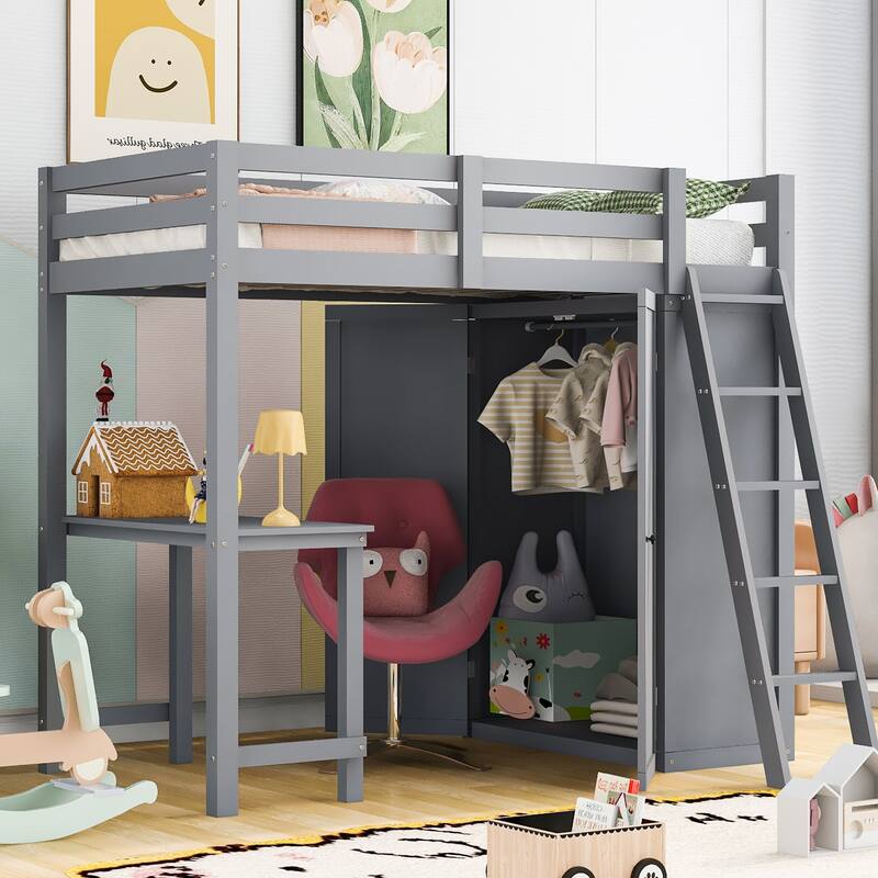 Twin/Full Size Wood Loft Bed with Built-in Desk, Wardrobe and Ladder