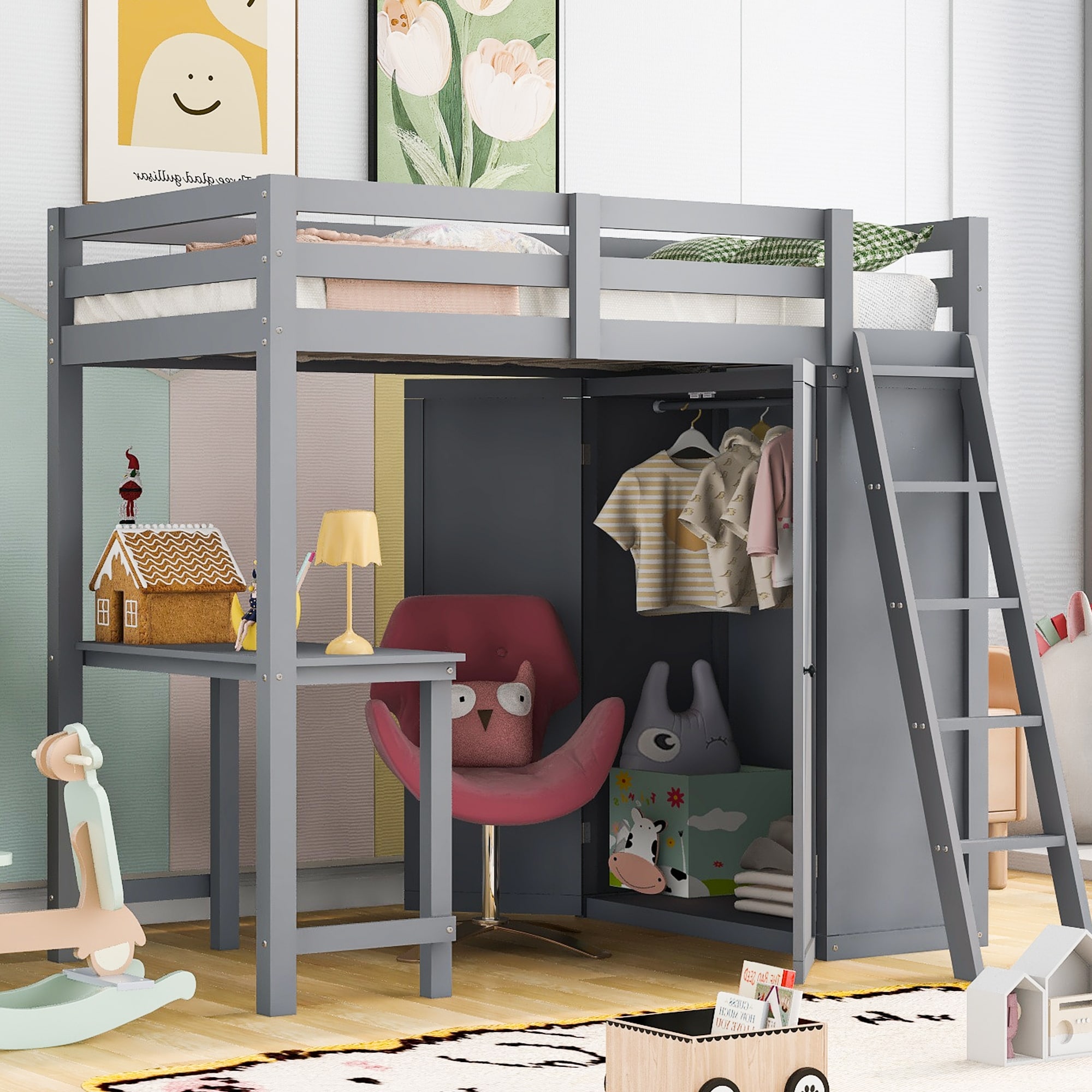 Twin Size Loft Bed with Wardrobe and Desk