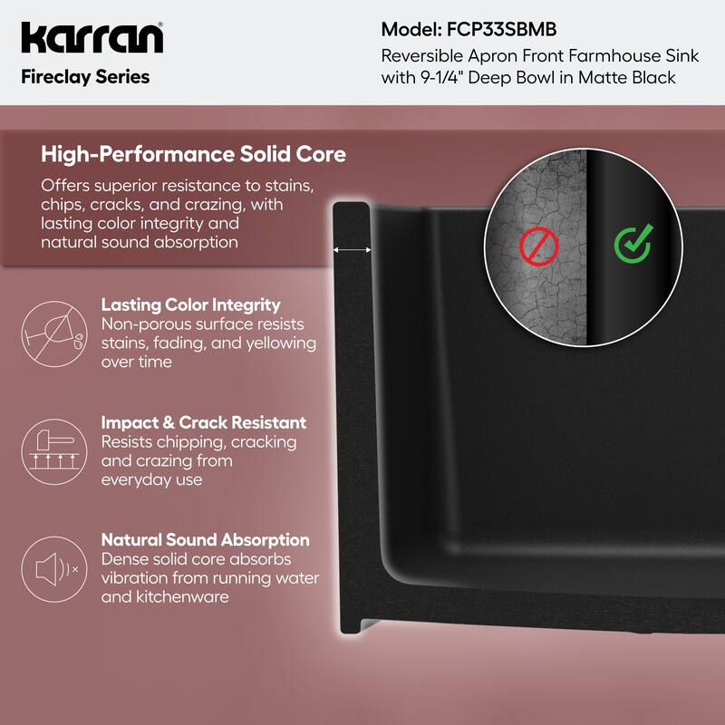 Karran FCP33SB 33" Single Bowl Panel Front Farmhouse Fireclay Kitchen Sink with Reversible Apron Front