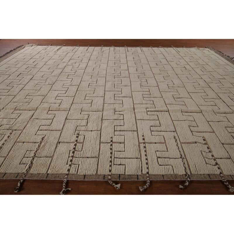 Modern Moroccan Large Rug Handmade Beige Wool Carpet - 11'10"x 16'1"