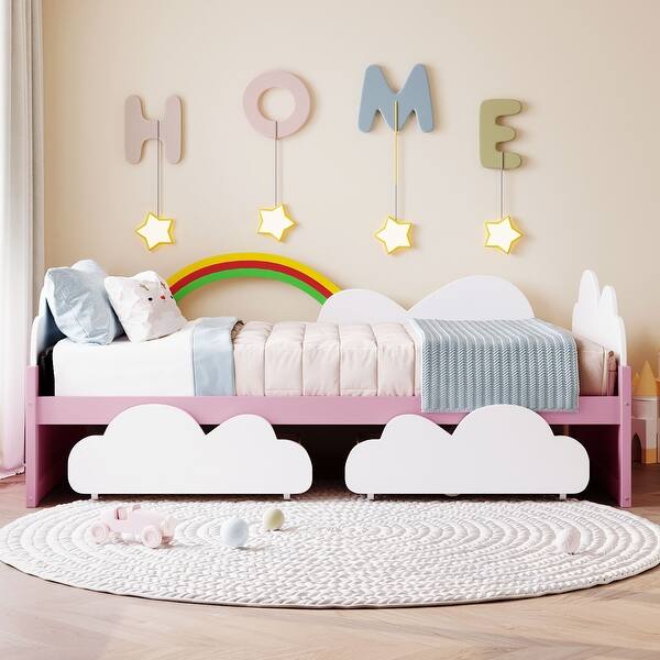slide 2 of 9, Fun Sky-Themed Kids Twin Size Platform Bed with Clouds and Rainbow Decor, Wooden Storage Slat Bed with 2 Drawers Pink - Twin
