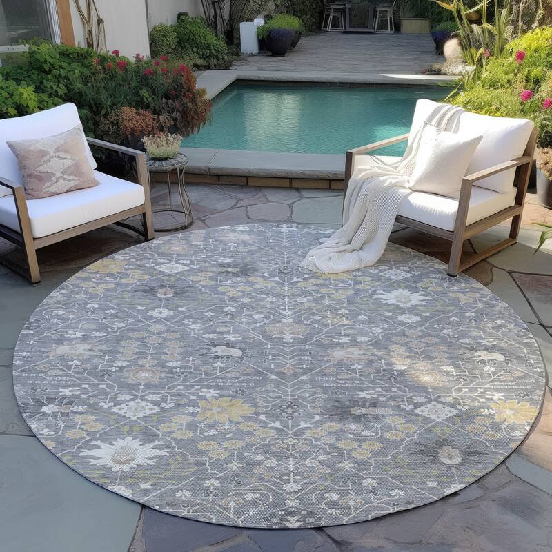 Machine Washable Indoor/ Outdoor Global Traditional Chantille Rug - Gray - 8' x 8'
