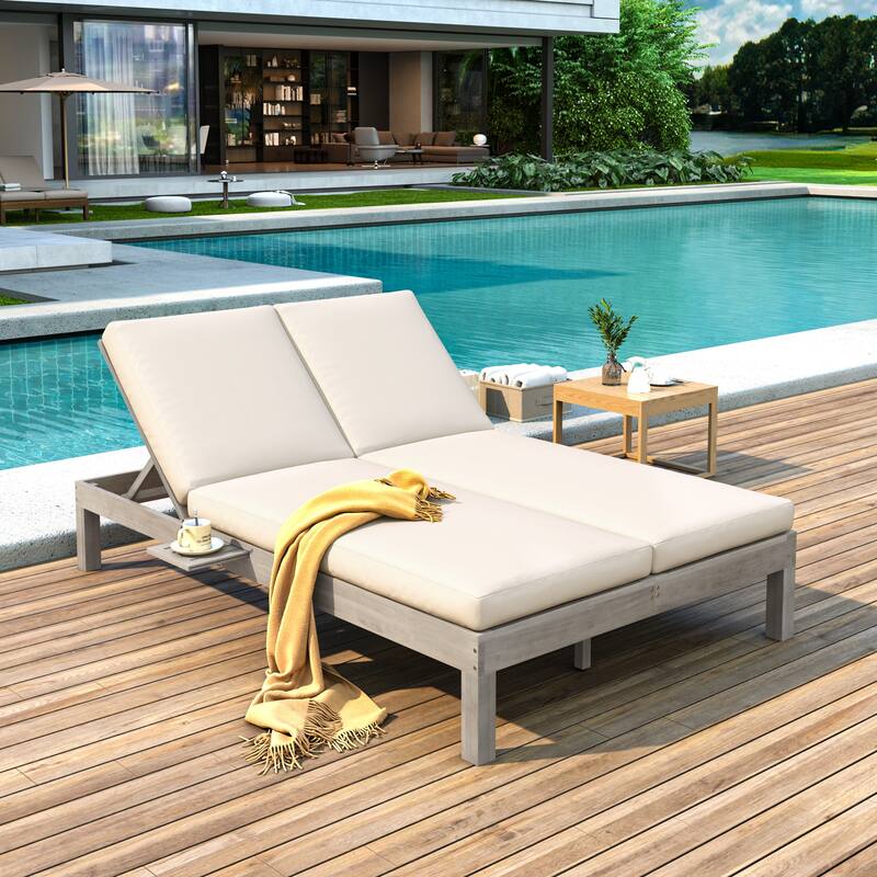 Patio Outdoor Chaise Lounge w/ Cushion & Folding Side Trays & 5-Position Backrest, Gray - Grey