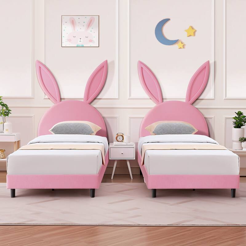 VECELO Wooden Cute Rabbit Twin Bed Frame with Upholstered Headboard, Kids Bed Frame