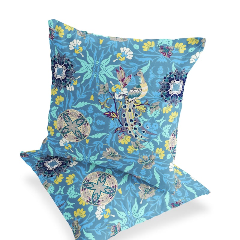 HomeRoots Set of Two 16" X 16" Blue and Green Peacock Blown Seam Eclectic Indoor Outdoor Throw Pillow - 16.00' X '16.00' X '5.00