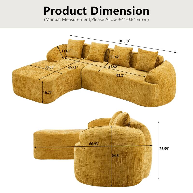 Chenille L-Shaped Compressed Sofa, 4-Seat Sectional Couch with Curved Armrests, High-Elastic Sponge & 4 Throw Pillows