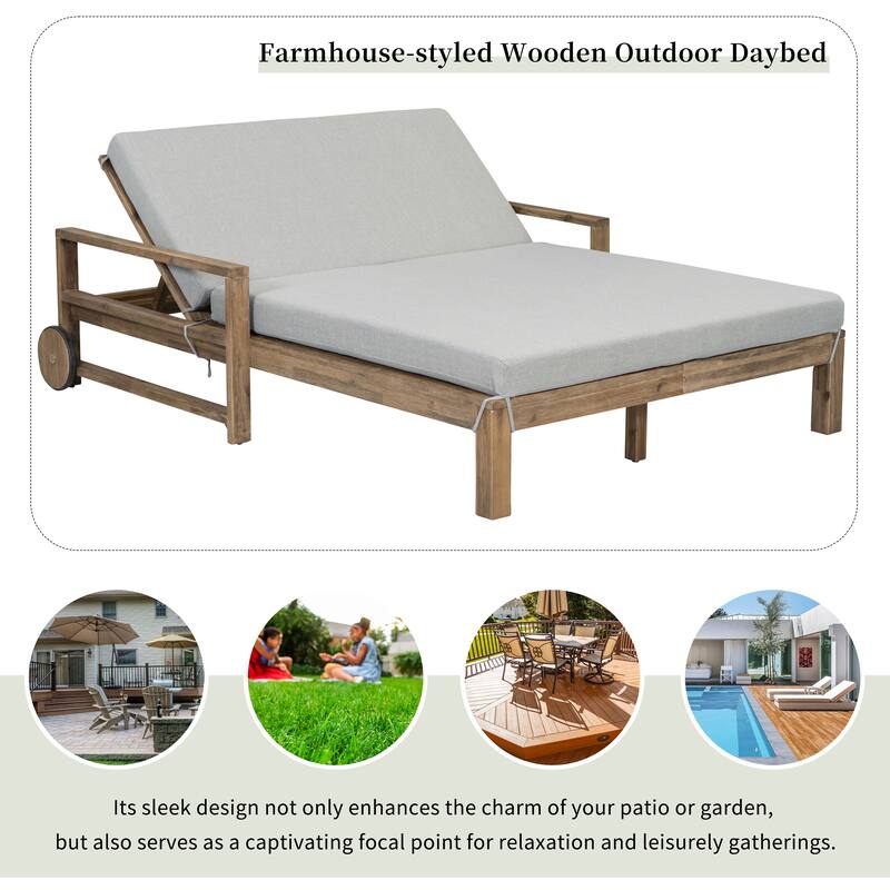 Farmhouse Acacia Wood Sunbed with Adjustable Backrest