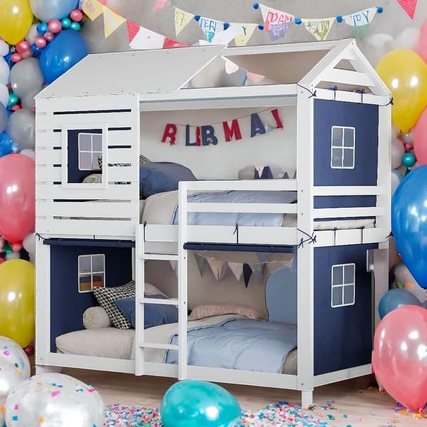 slide 2 of 19, Modren Twin over Twin Size Wood House Bunk Bed With Tent And Spacious Under Bed Space,s Blue+White