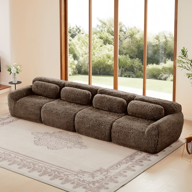 Roomfitters 114 Inch Modular Floor Sofa, Fluffy Plush Sectional with Ottoman, Chocolate