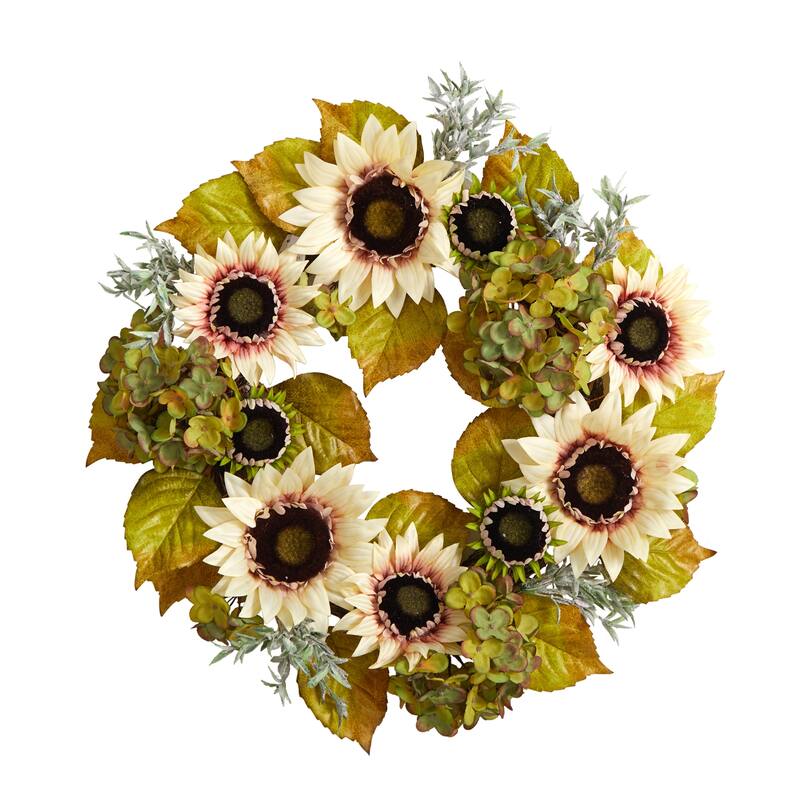 Sunflower and Hydrangea Autumn Artificial Wreath, 24-Inch, Unlit