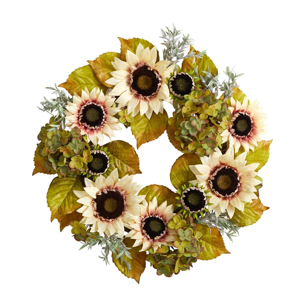 Sunflower and Hydrangea Autumn Artificial Wreath, 24-Inch, Unlit