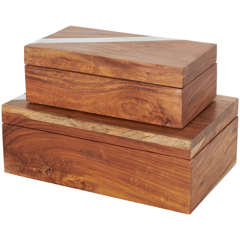 Mango Wood Box with Silver Diagonal Stripes - Set of 2 Brown - Roche River Decor - 7"W x 11"L x 4"H