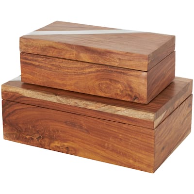 Mango Wood Box with Silver Diagonal Stripes - Set of 2 Brown - Roche River Decor - 7"W x 11"L x 4"H
