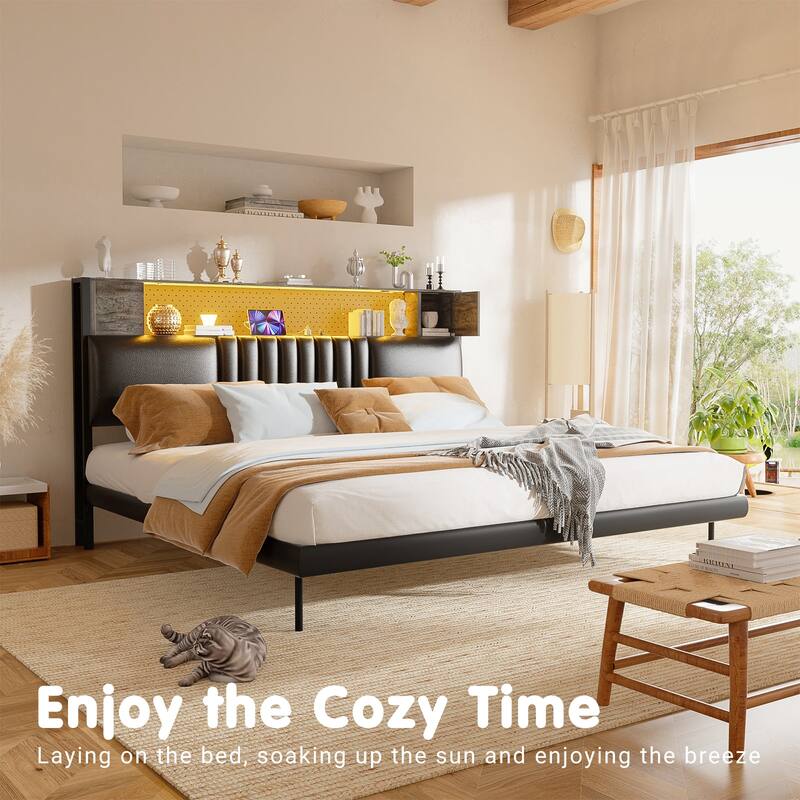Upholstered Headboard with Storage Shelf and Small Cabinet, Headboard Power Outlet and LED Light