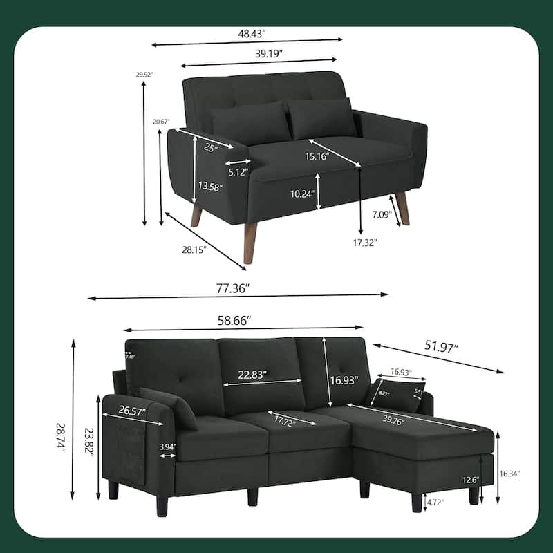 3 Pieces Living Room Set with Storage Ottoman