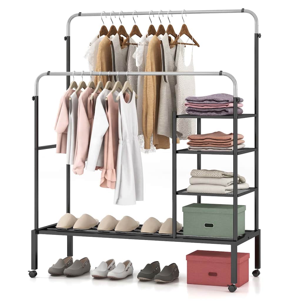 Costway Rolling Clothes Drying Rack Double Rods Garment Rack with - See Details