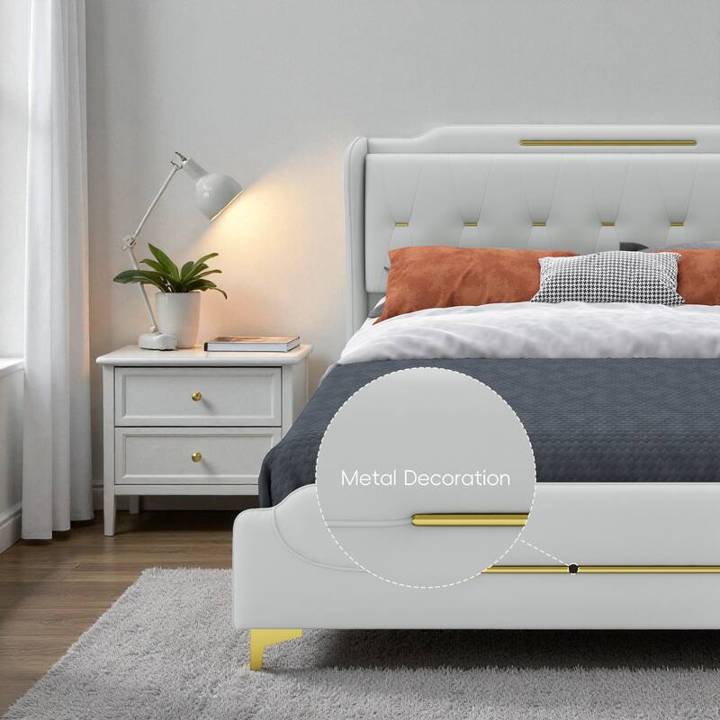 Queen/King PU Leather Upholstered Platform Bed with Wingback Headboard & Footboard, Gold Metal Accents and Wooden Slats