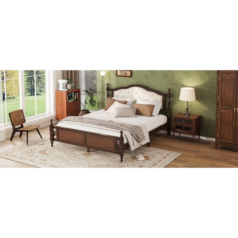 Roomfitters Queen Pine Wood Bed Frame with Upholstered Headboard and Panel Footboard, Reinforced Platform Support Design, Walnut