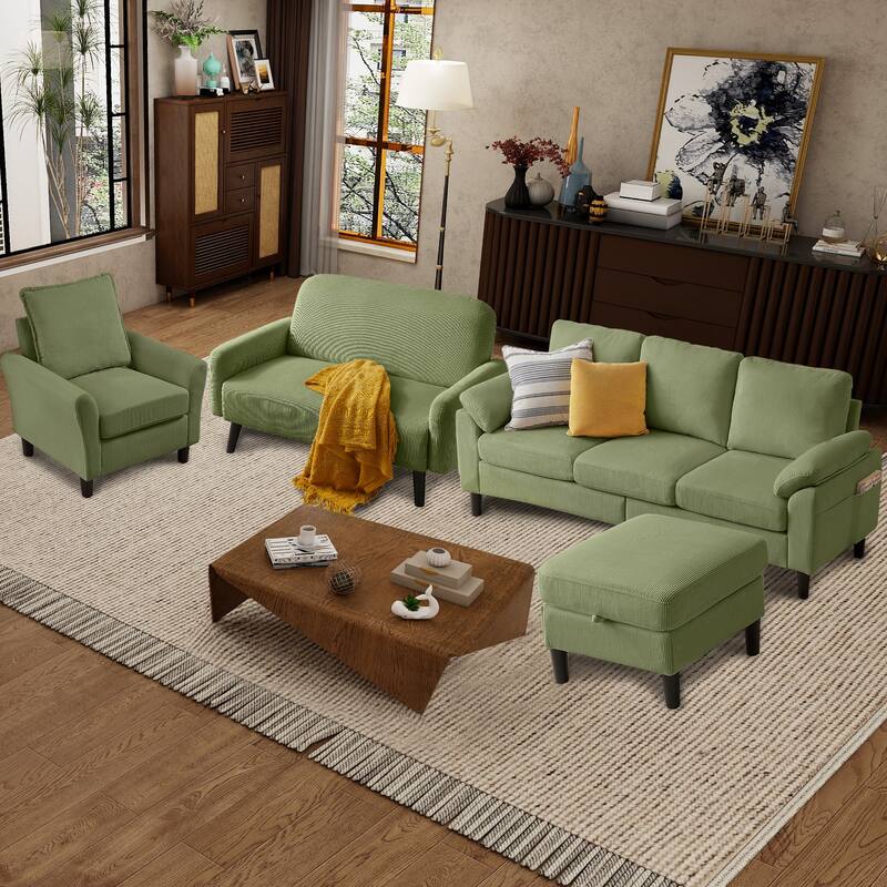 4 Pieces Corduroy Living Room Sets with Sofa, Ottoman and Loveseat