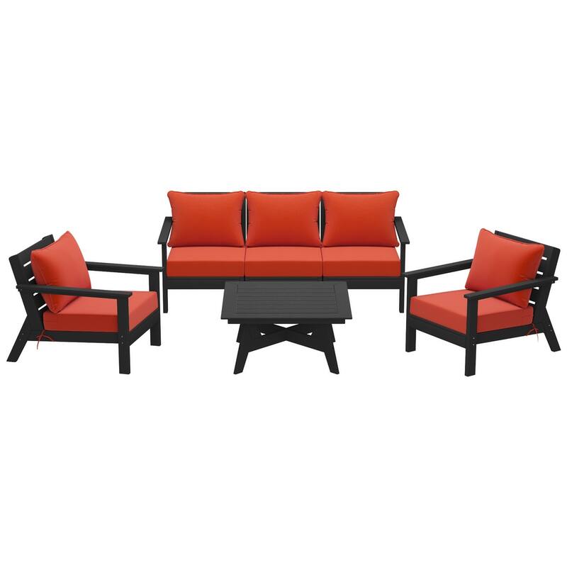 Birchwood All Weather HDPE Outdoor Patio Black Deep Seating Conversation Set (6-Piece Set)