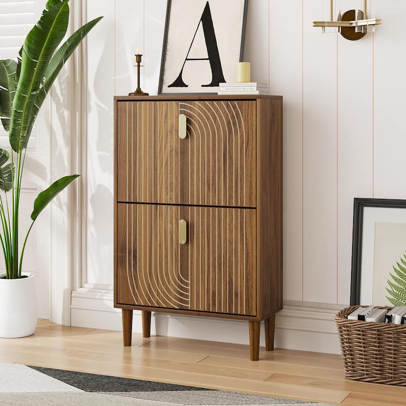 Shoe Cabinet with 2 Flip Drawers & Metal Handles, Freestanding Wood Storage Cabinet, Shoe Rack with Adjustable Shelves