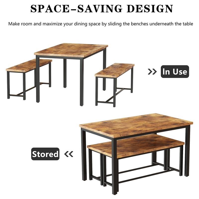 Mieres Vintage Industrial Style 3 Piece Dining Table with 2 Benches Set, Space Saving Kitchen Dining Room Bar Table Set