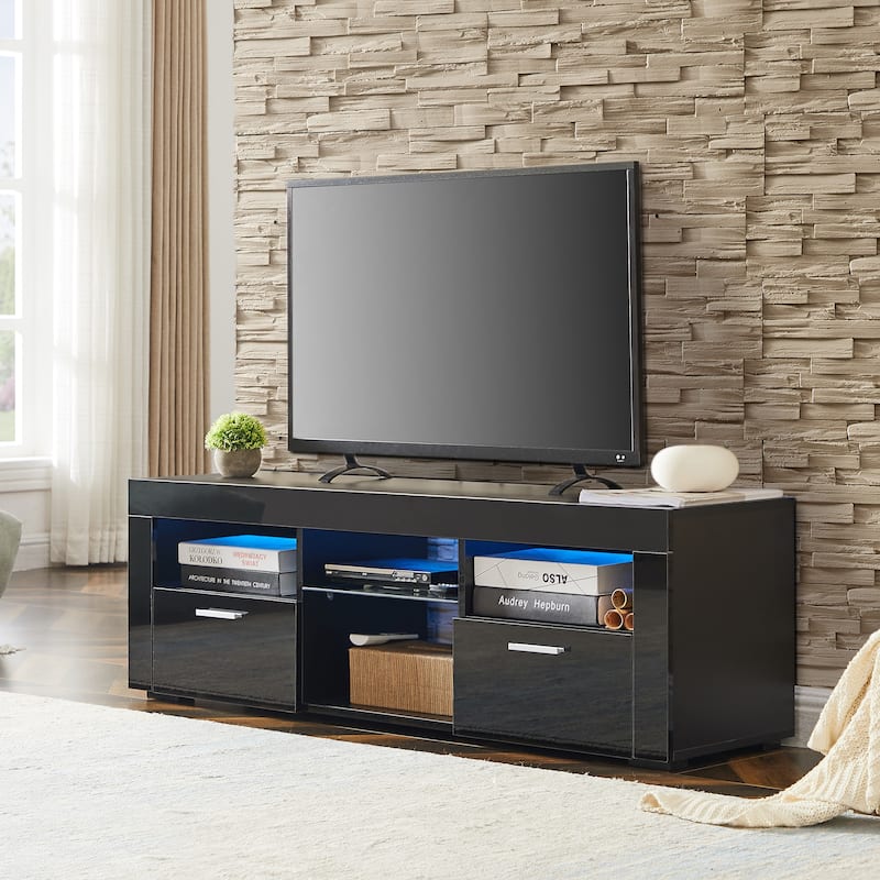 Black 51.2" TV Stand with LED Lights and 2 Large Storage Drawer for TVs Up to 55"