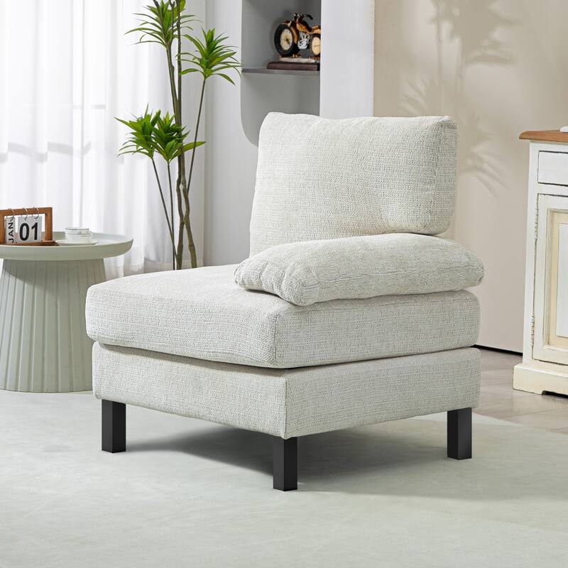 Modular Sectional Sofa Right Facing Armchair with Wood Legs and Pocket Spring, Cream White