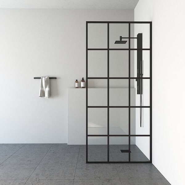 Mosaic 34 in. x 74 in. Framed Fixed Shower Door in Matte Black without Handle Mosaic 34 in. x 74 in. Framed Fixed Shower Door in Matte Black without Handle