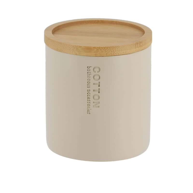 Sleek Cotton Pad Holder - Polyresin Bathroom Storage Container with Bamboo Lid - 4 L x 4 W x 4.6H