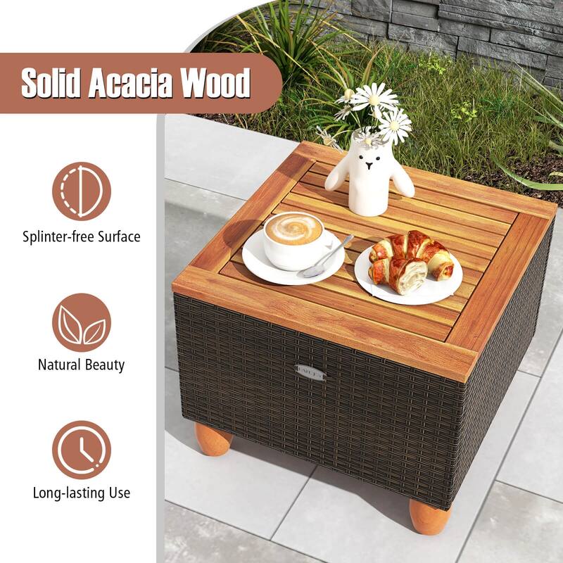 Gymax Set of 3 Rattan Bistro Furniture Set Wooden Table Top Cushioned
