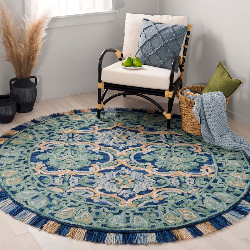 SAFAVIEH Handmade Blossom Parthenia Floral Wool Rug - 10' Round - Navy/Green - Round